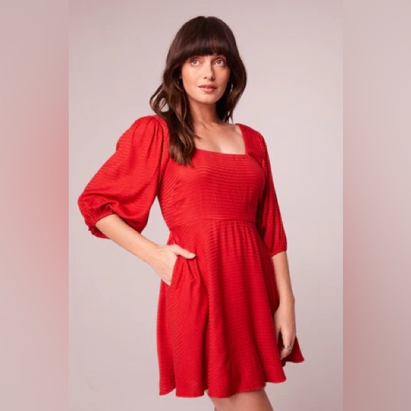 NWT Band Of The Free JOSETTE RED PUFF SLEEVE MINI DRESS Tie Back Elastic Waist - Picture 2 of 5